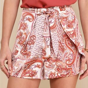 Lulus Boho Print Satin Tie-Front Shorts- new